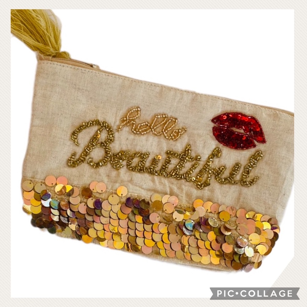 NWT 2X HP Cream Stunning Gold Sequins Cosmetic Bag
